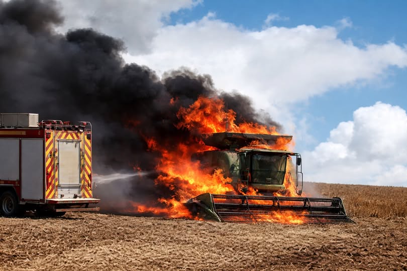 Colheitadeira é totalmente destruída por incêndio durante colheita em área rural de Prudentópolis.