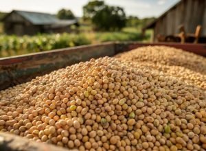 photo taken during the soybean harvest in a rural area of Brazil. The image shows a trailer loaded with freshly harvested soybeans, waiting to be transported for storage or processing.
