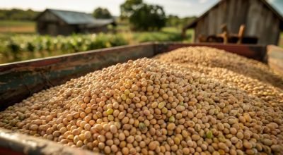 photo taken during the soybean harvest in a rural area of Brazil. The image shows a trailer loaded with freshly harvested soybeans, waiting to be transported for storage or processing.