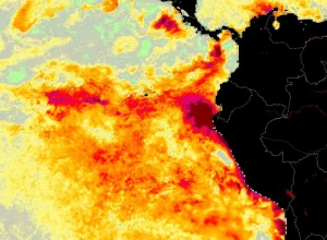 Mapa mostra aquecimento anormal do Oceano Pacífico na costa do Peru e Equador durante o El Niño Costeiro 2026.