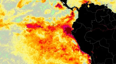 Mapa mostra aquecimento anormal do Oceano Pacífico na costa do Peru e Equador durante o El Niño Costeiro 2026.